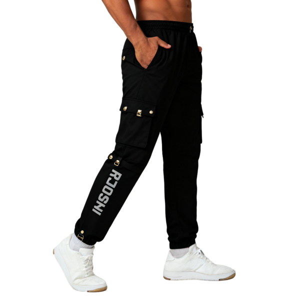 Black Cargo Jogger Pants with Gold Accents