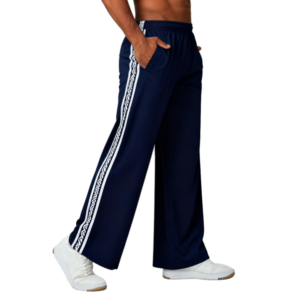 Navy Blue Wide - Leg Track Pants with White Stripes
