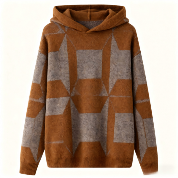 Brown and Gray Geometric Hooded Sweater