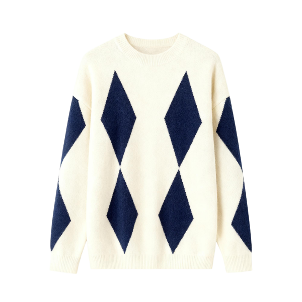 White and Navy Diamond Pattern Sweater