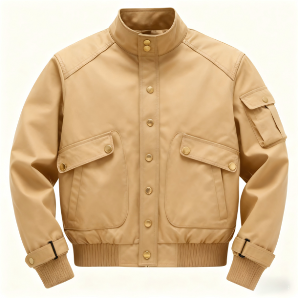 Beige Faux Leather Bomber Jacket